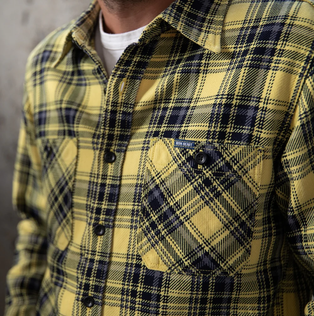 IHSH-412-YEL - 9oz Selvedge Indigo Check Flannel Work Shirt - Yellow - Image 3