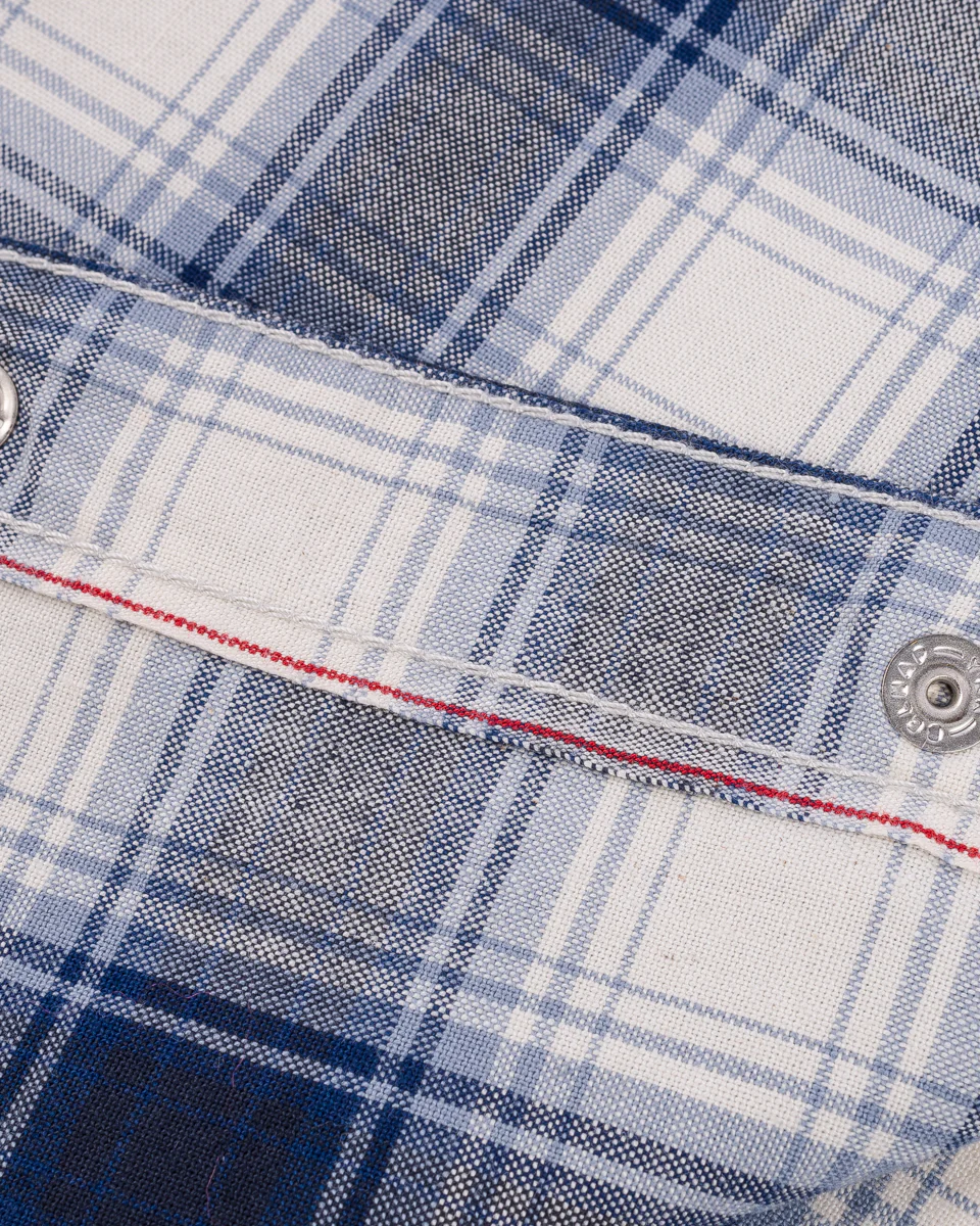 IHSH-418-BLU - 5oz Selvedge Short Sleeved Madras Check Western Shirt - Blue - Image 11