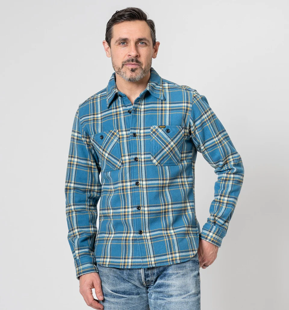 IHSH-435-BLU - Ultra Heavy Flannel American Check Work Shirt - Blue - Image 2