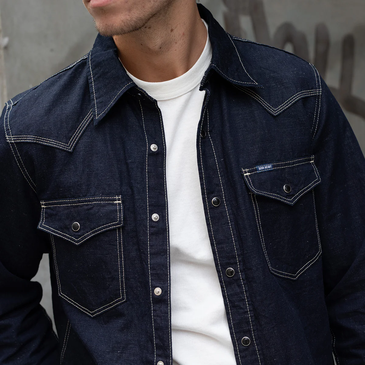 IHSH-444-IND - SS26 - 7oz Cotton Linen Chambray Western Shirt - Indigo - Image 3